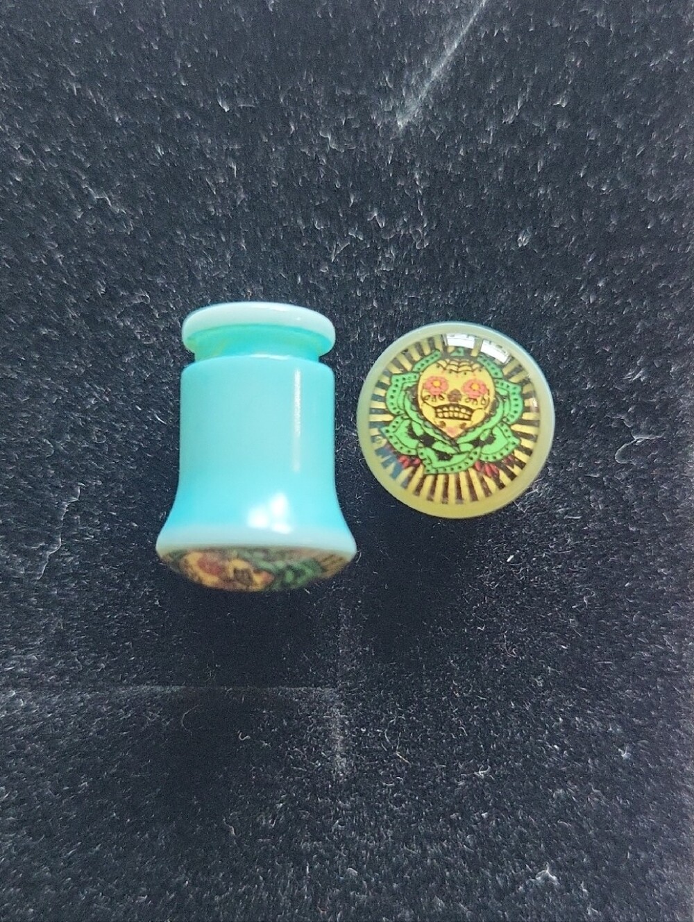 Aqua Turquoise  Acrylic Ear Plug Pair with Sugar Skull Graphic Size 0